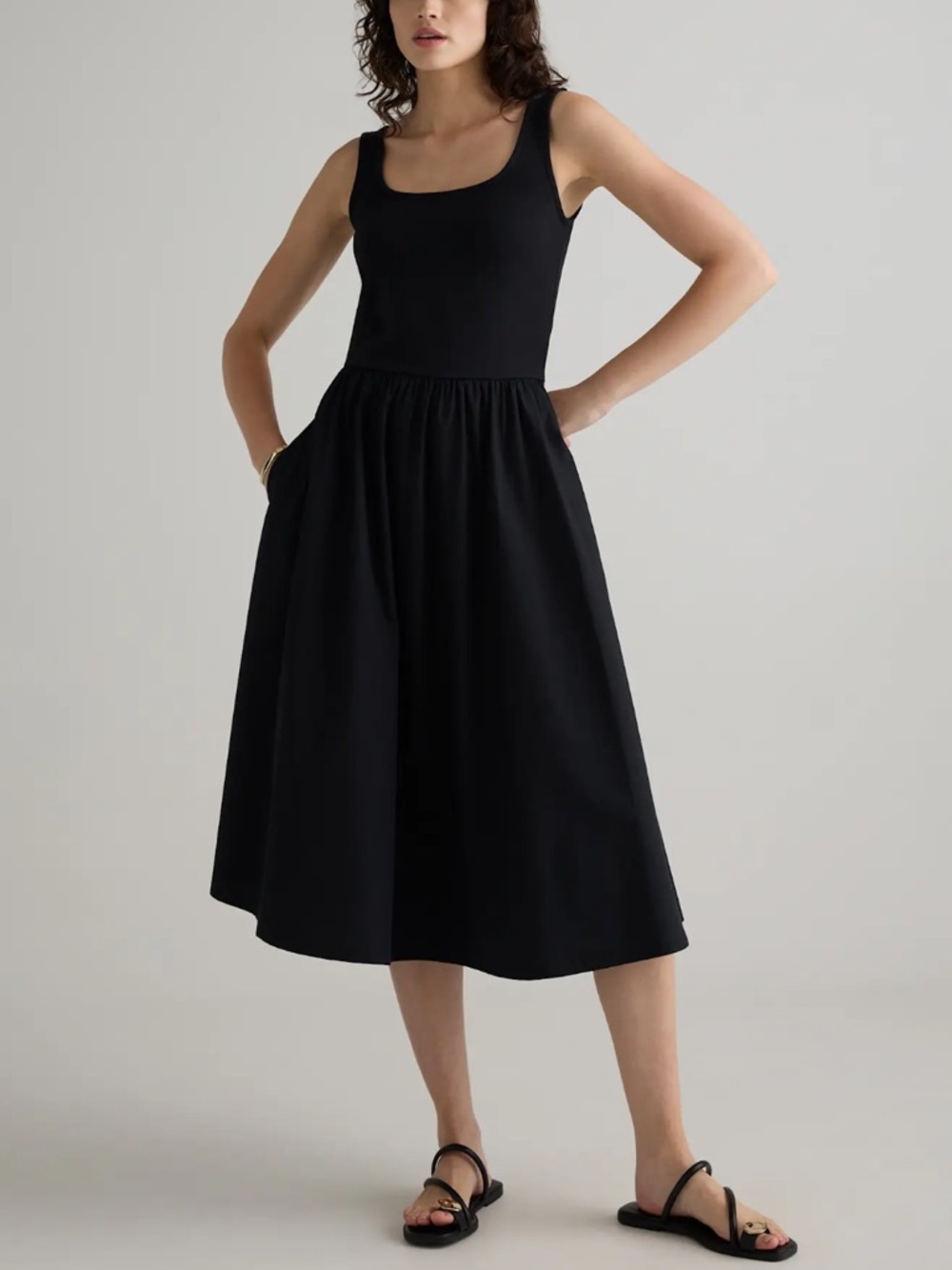 Quince NWT Black Midi Cotton Mixed Media Tank Dress